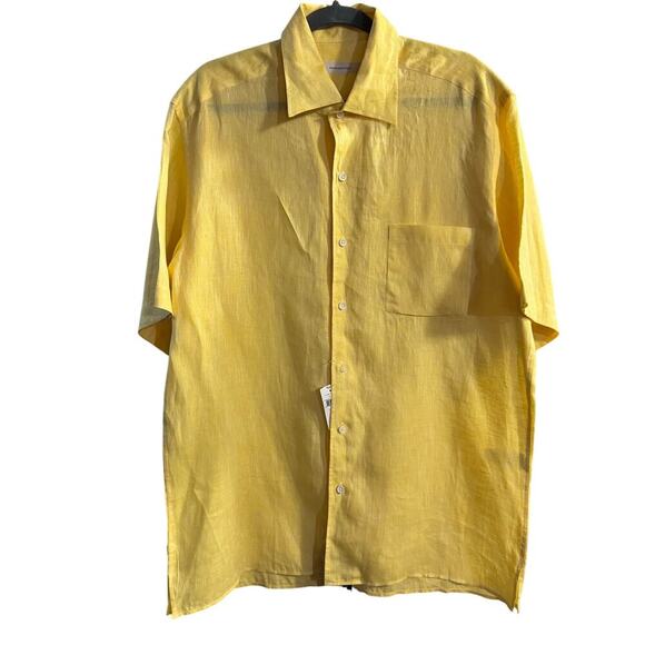 NWT Ermenegildo Zegna Yellow Classic Fit 100% Linen button Up Men’s Shirt Large - Picture 1 of 8